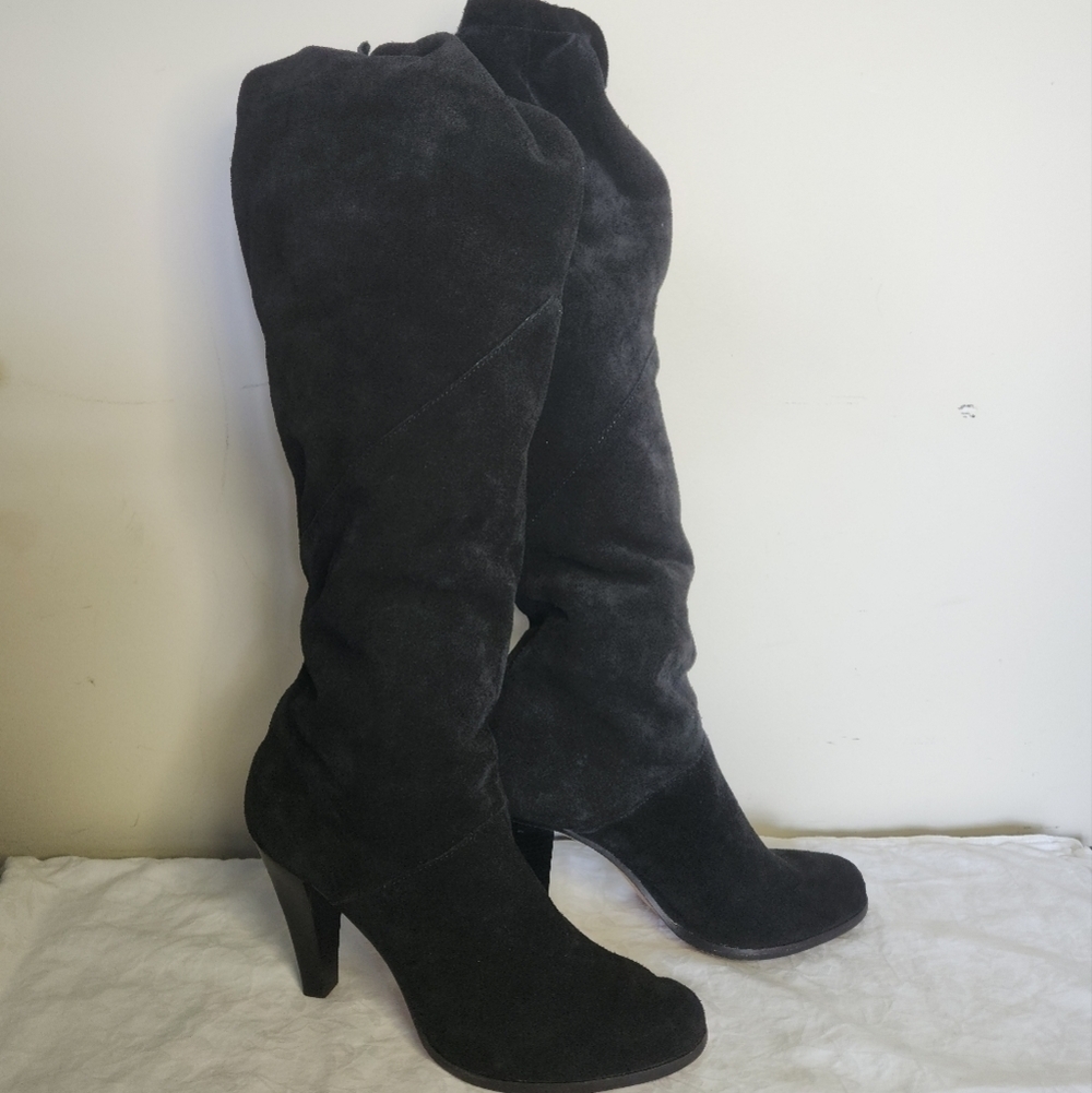 Black Knee High Leather Heel Boots
